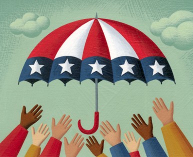 Multi-Ethnic Hands Reaching For American Flag Umbrella